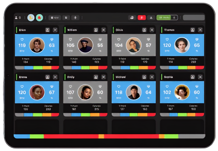 Team Pulse ao vivo num tablet: batimentos, calorias e zonas cardíacas de cada aluno